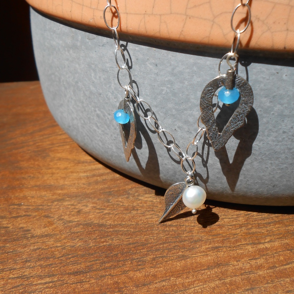 Silver Leaf Necklace Freshwater Cultured Pearls